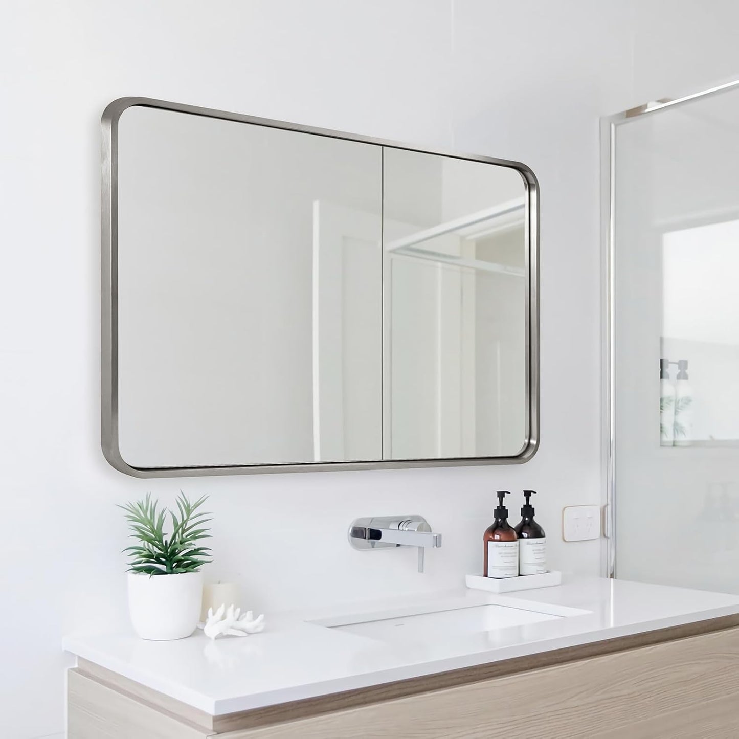 ANDY STAR Brushed Nickel Bathroom Mirror, 40”X30” Satin Nickel Mirror for Vanity, Rounded Rectangle Mirrors in SUS304 Anti-Rust Tube Metal Frame, Wall Mounted Horizontal/Vertical 1’’ Deep