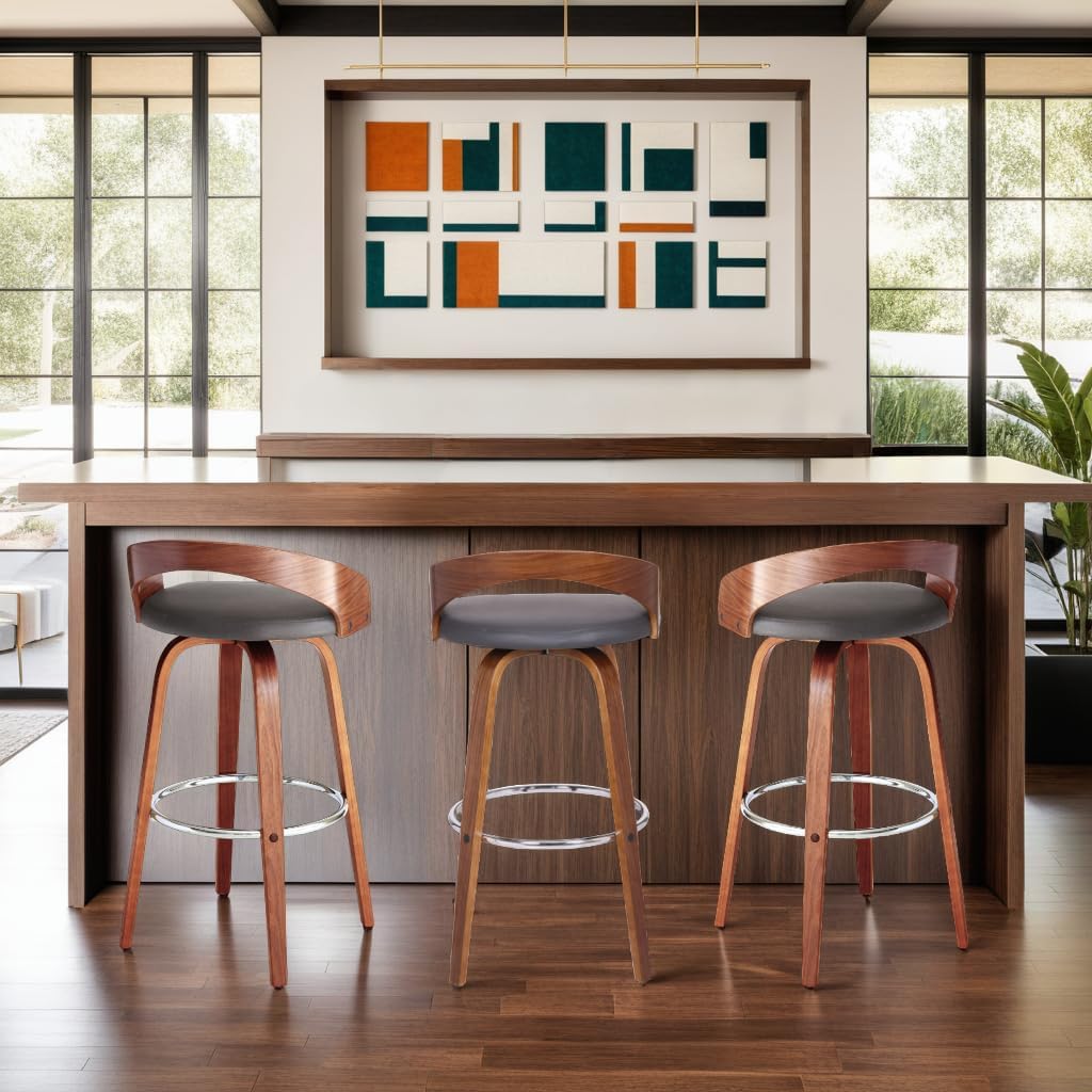 Armen Living Sonia 30" Bar Height Swivel Gray Faux Leather and Walnut Wood Bar Stool - Set of 2