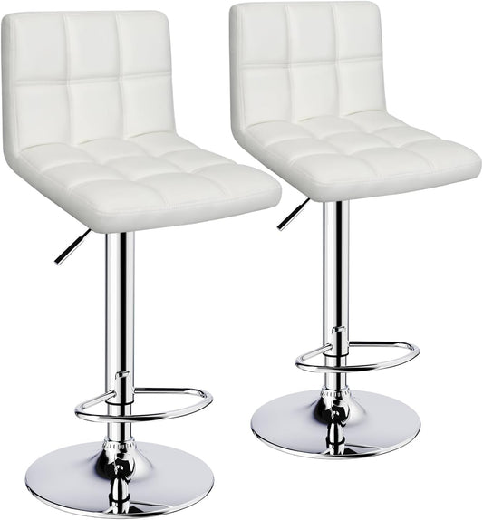 Bar Stools Set of 2,Armless Adjustable Swivel Barstools with Back,6-Squares Double Needle PU Leather Counter Height Bar Stools for Kitchen Island,White