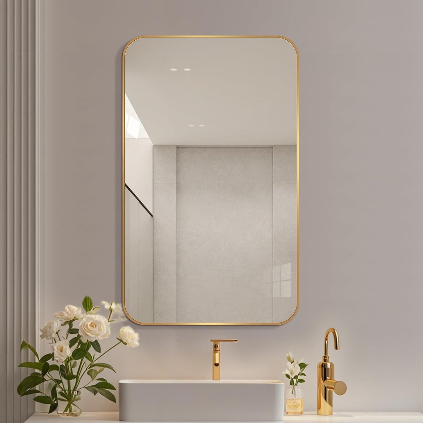 Large Modern Bathroom Mirror with Black Frame, 5mm Copper Free Silver Mirror,Black Frame, Easy Installation (Golden, 48" L x 30" W)