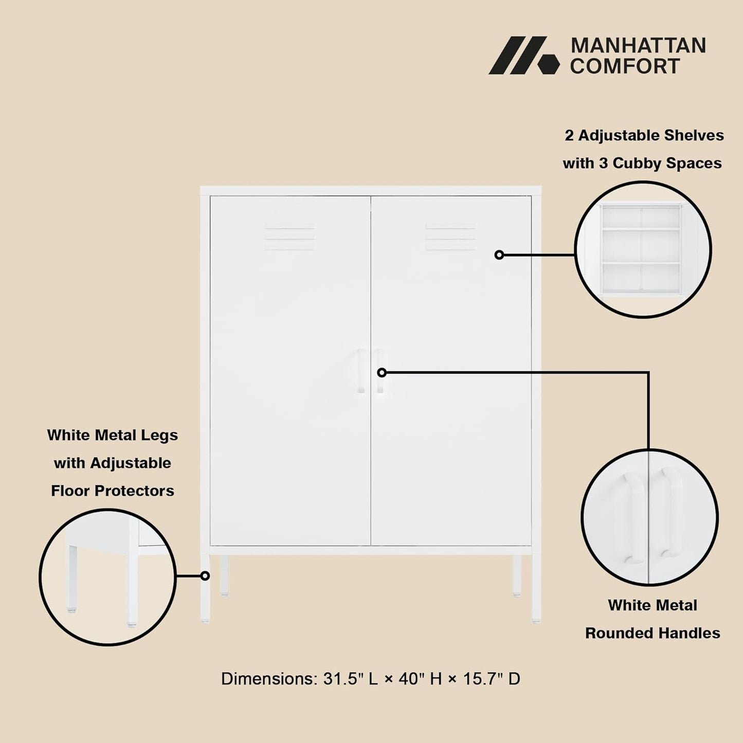Manhattan Comfort Naomi Modern Metal Accent Cabinet, Minimalist Storage Cabinet with Doors & Adjustable Shelves, Vented Doors, Sturdy Steel Build, Versatile & Multi-Purpose Home Furniture, White