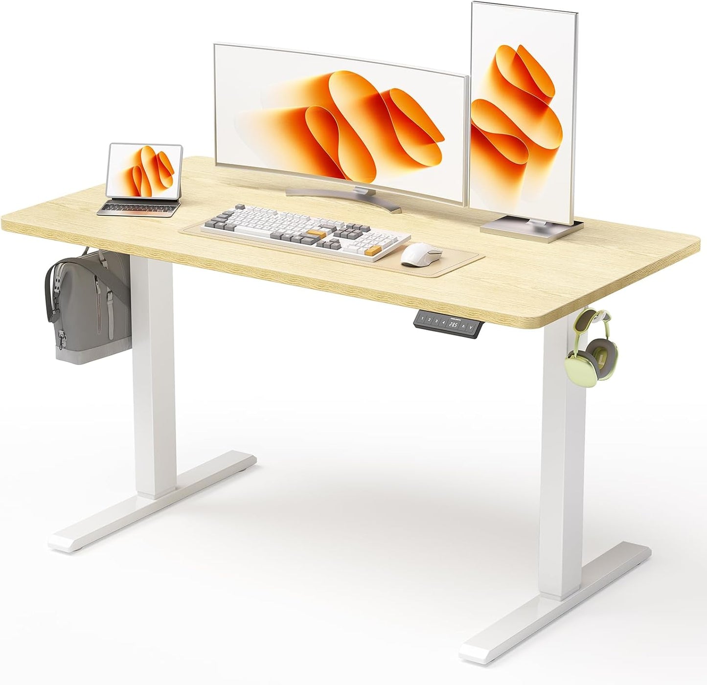 48x24 Inches Height Adjustable Electric Standing Desk with 2 Hooks for Home Office, Ergonomic Sit Stand up Desk with Splice Board, Oak