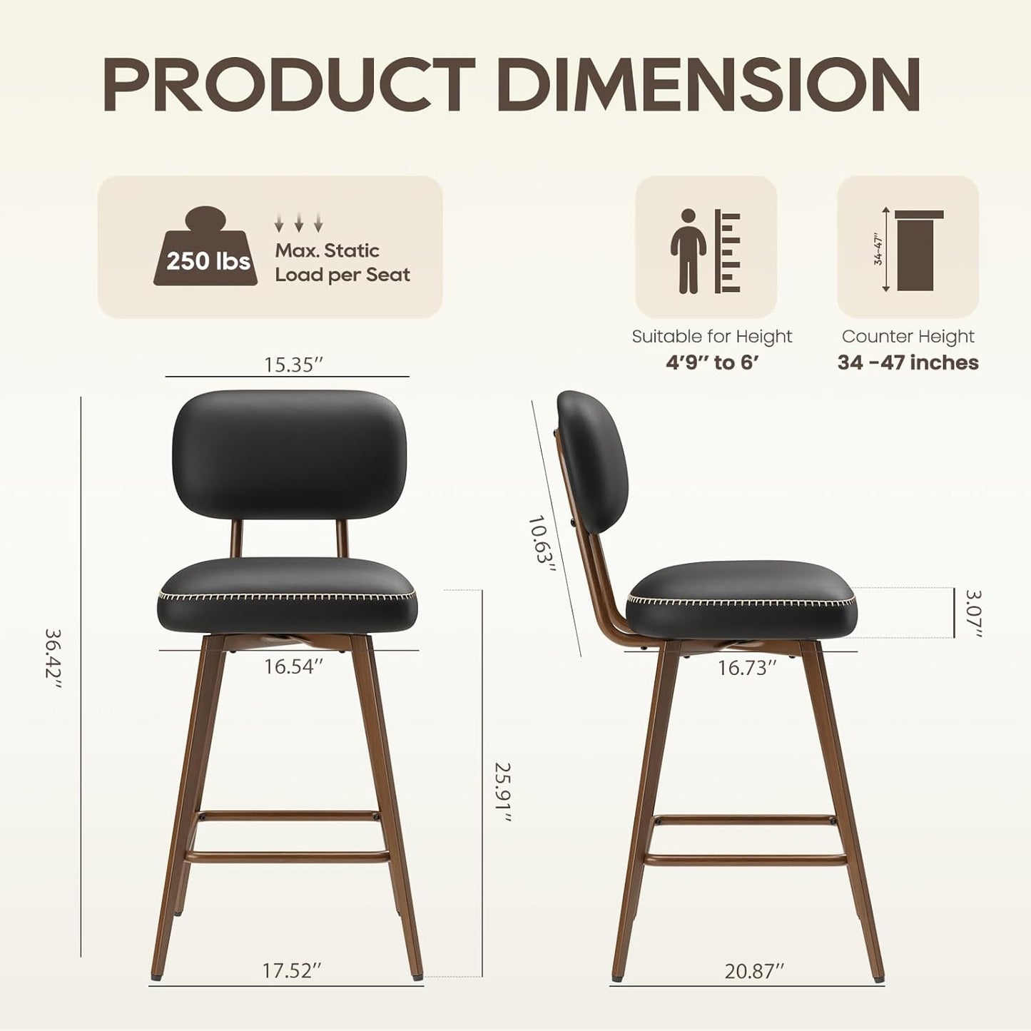 PU Leather Swivel Bar Stools Set of 2, Mid Century Counter Height Bar Chairs with Low Back and Metal Legs, Modern Bar Stool Chair for Kitchen Island, Black