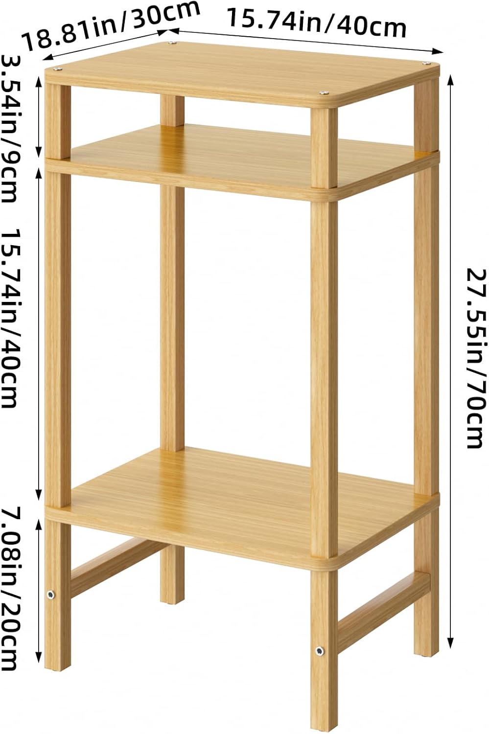 28in Tall Bamboo Side Table Set of 2, 3-Tier Small Narrow End Table for Couch, Skinny Nightstand for Small Space, Farmhouse Slim Night Stand with Storage, Wooden Thin Bedside Table, Natural