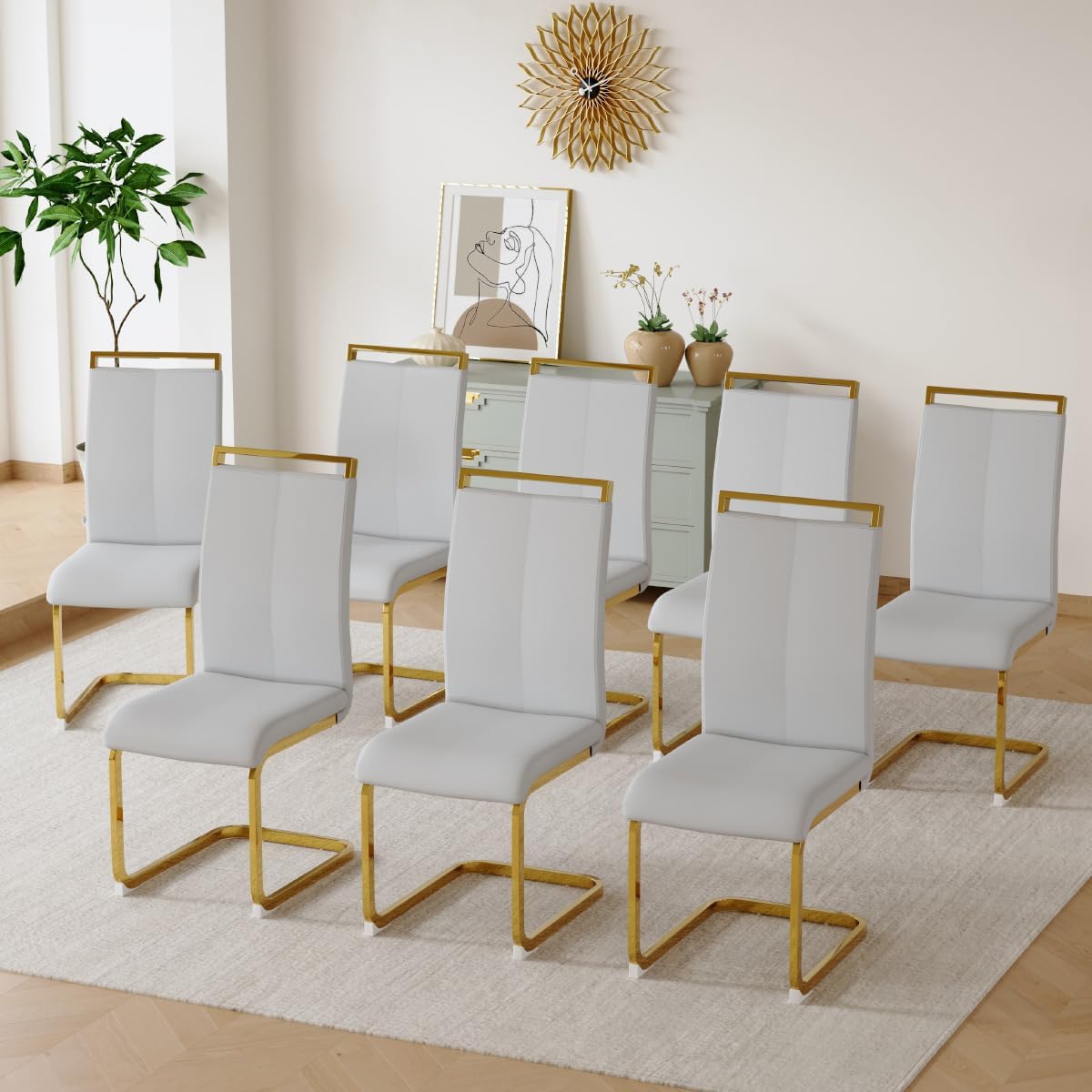 Dining Chairs Set of 8, Faux Leather with Plated Chrome Metal Frame, Modern Kitchen Chairs with Padded Seat High Back for Dining Room, Kitchen, Living Room
