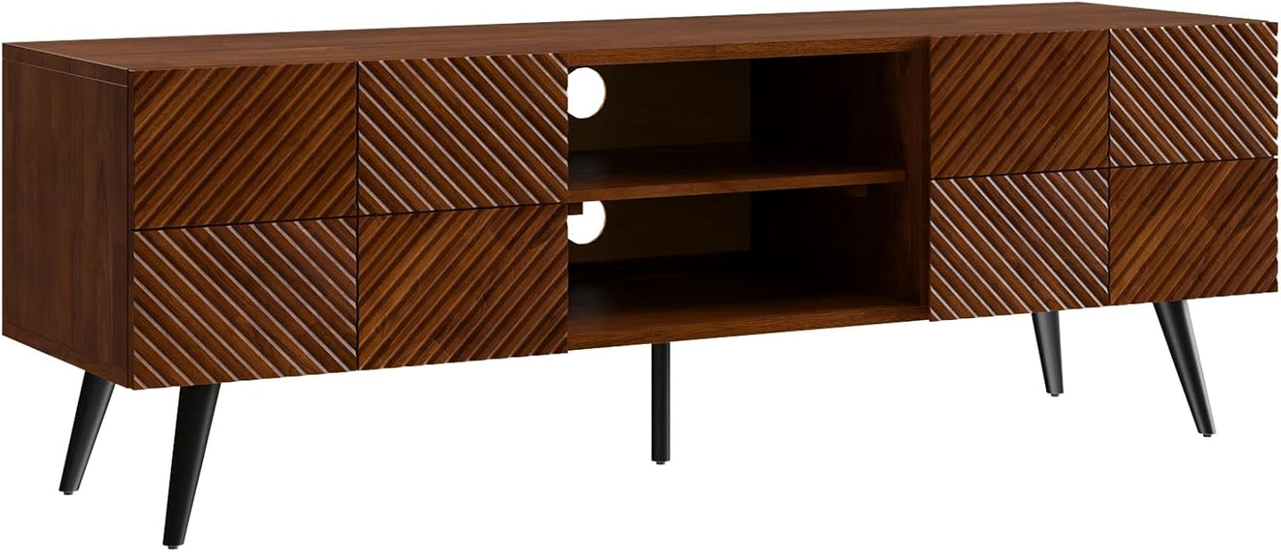 Bme Rhombus Wooden TV Stand with Storage Cabinets – Solid Acacia Wood, Geometric Rhombus Pattern Doors, Scandinavian Modern Entertainment Console with Metal Base