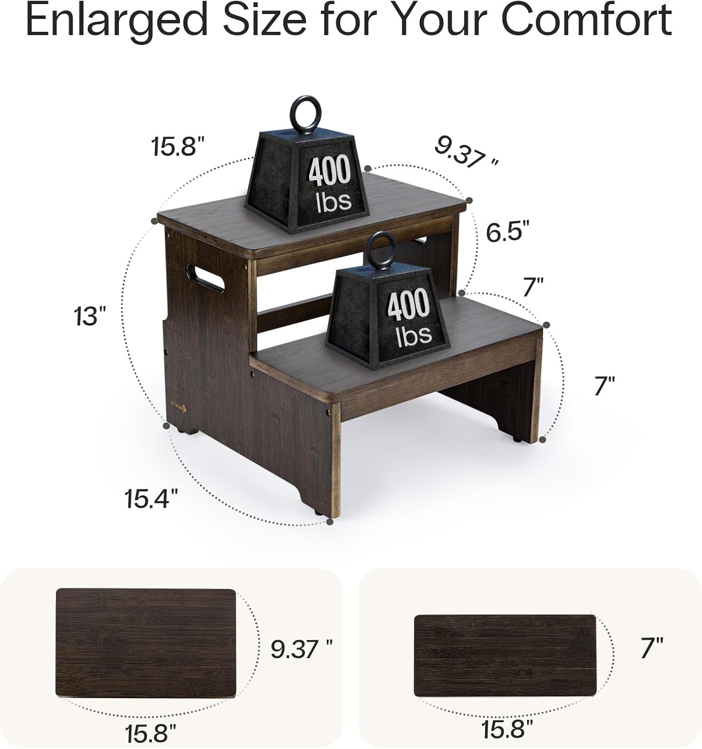 StrongTek Bed Step Stool for High Beds, Large Surface Bamboo 2-Step Stool for Adults, Seniors, Elderly, 400 lbs Heavy Duty, Non-Slip, Durable Wood Stepping Stool for Bedroom & Bathroom