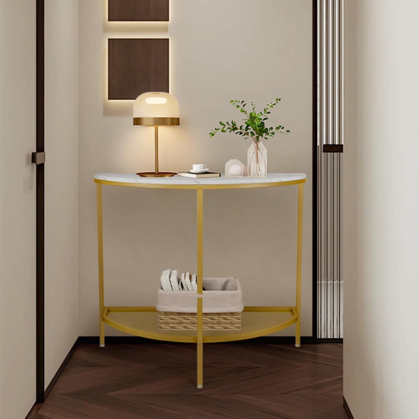 Entry Table Narrow Livingroom Furniture: 2 Tier Modern Console Table with Gold Frame and Imitation Marble Top for Kitchen Bedroom Hallway Living Room Office and More (Gold)