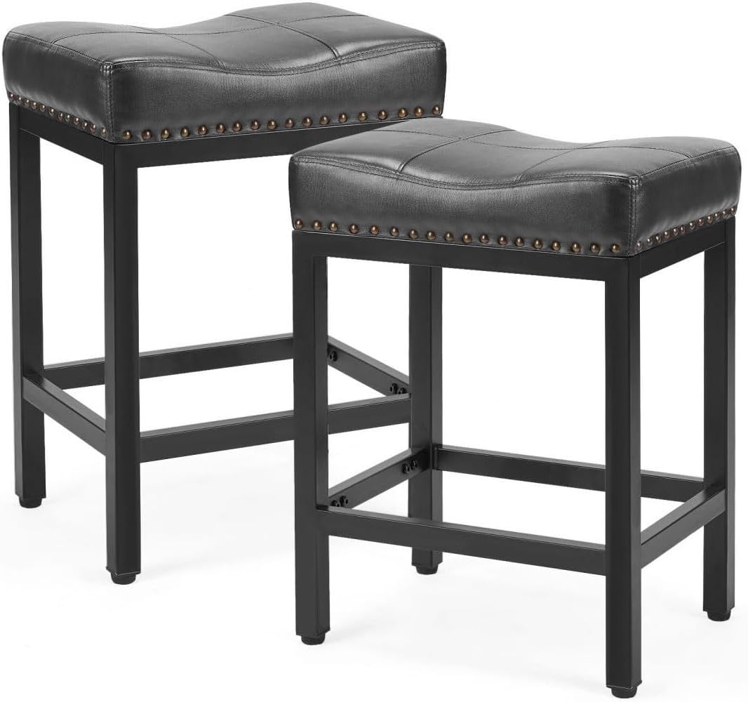 Counter Stools Set of 2 Upholstered Counter Height Bar Stools with Padded Seats and Metal Base, Leather Saddle Stool for Modern Kitchen Island, 22.4-Inch, Black