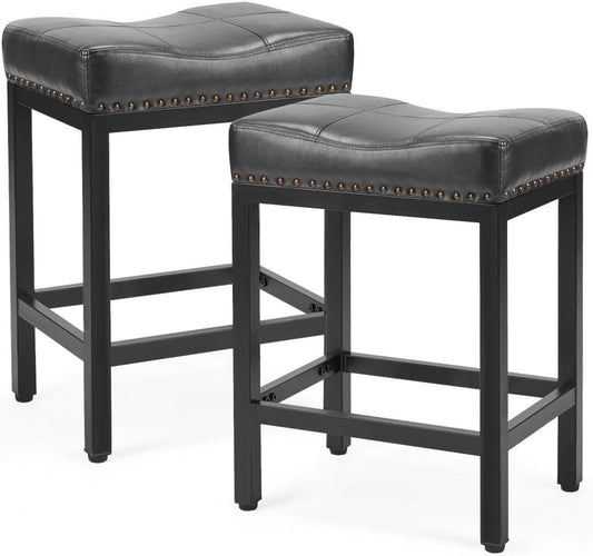 Counter Stools Set of 2 Upholstered Counter Height Bar Stools with Padded Seats and Metal Base, Leather Saddle Stool for Modern Kitchen Island, 22.4-Inch, Black