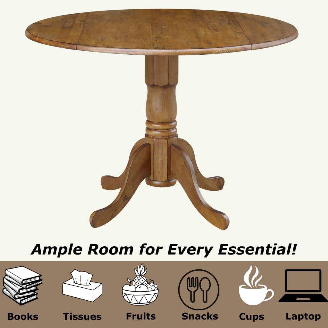 42" Round Dual Drop Leaf Pedestal Dining Table Solid Wood, Easy Assembly, Sturdy Parawood, Kitchen/Dining Room, 29.5"H x 42"W x 42"D, 20mm Thickness Top, Includes Two 9" Drop Leaves