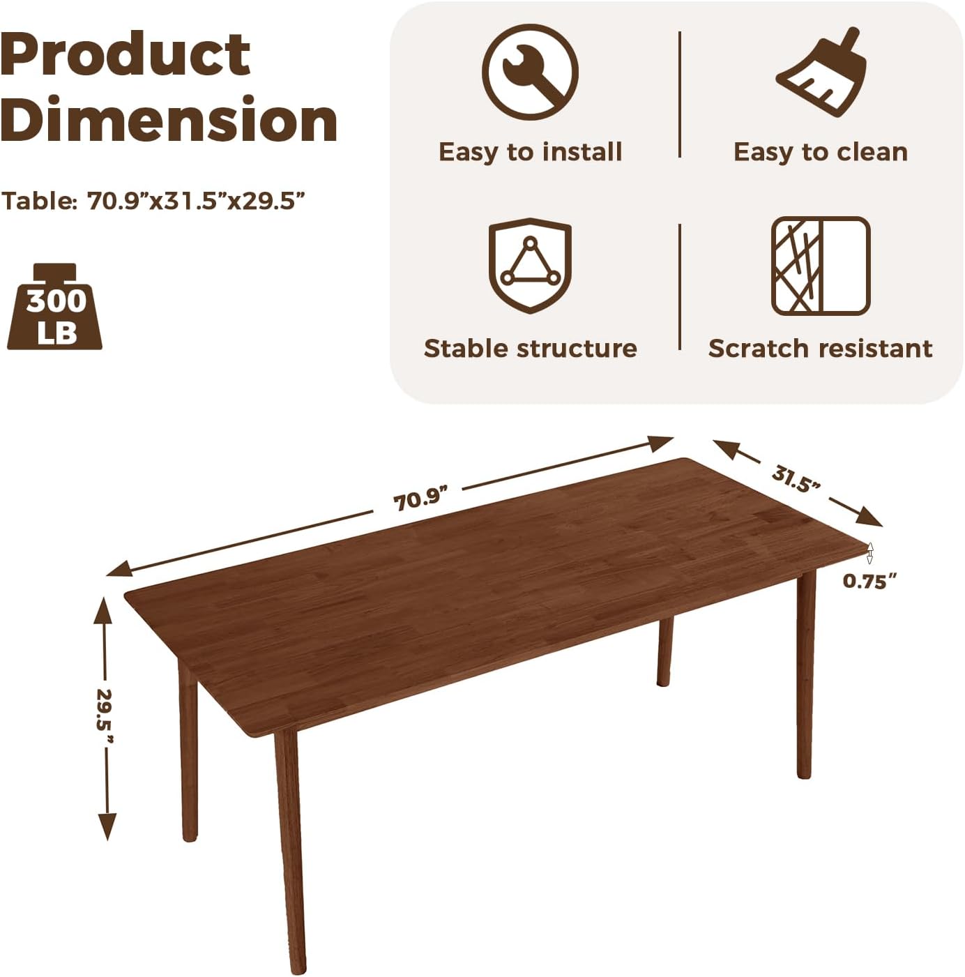 DELAVIN 70.8" Large Solid Wood Dining Table for 6-8 People, Mid Century Modern Rectangular Oak Kitchen Table, Farmhouse Dining Room Table, Easy Assembly, Walnut