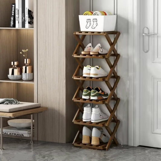 Shoe Rack, Bamboo Foldable Shoes Organizer Free Standing Shelf for Entryway, Closet, Bedroom, Hallway, | Natural | Functional | Multifunctional Shoe Rack (Brown Color) 6 Layers