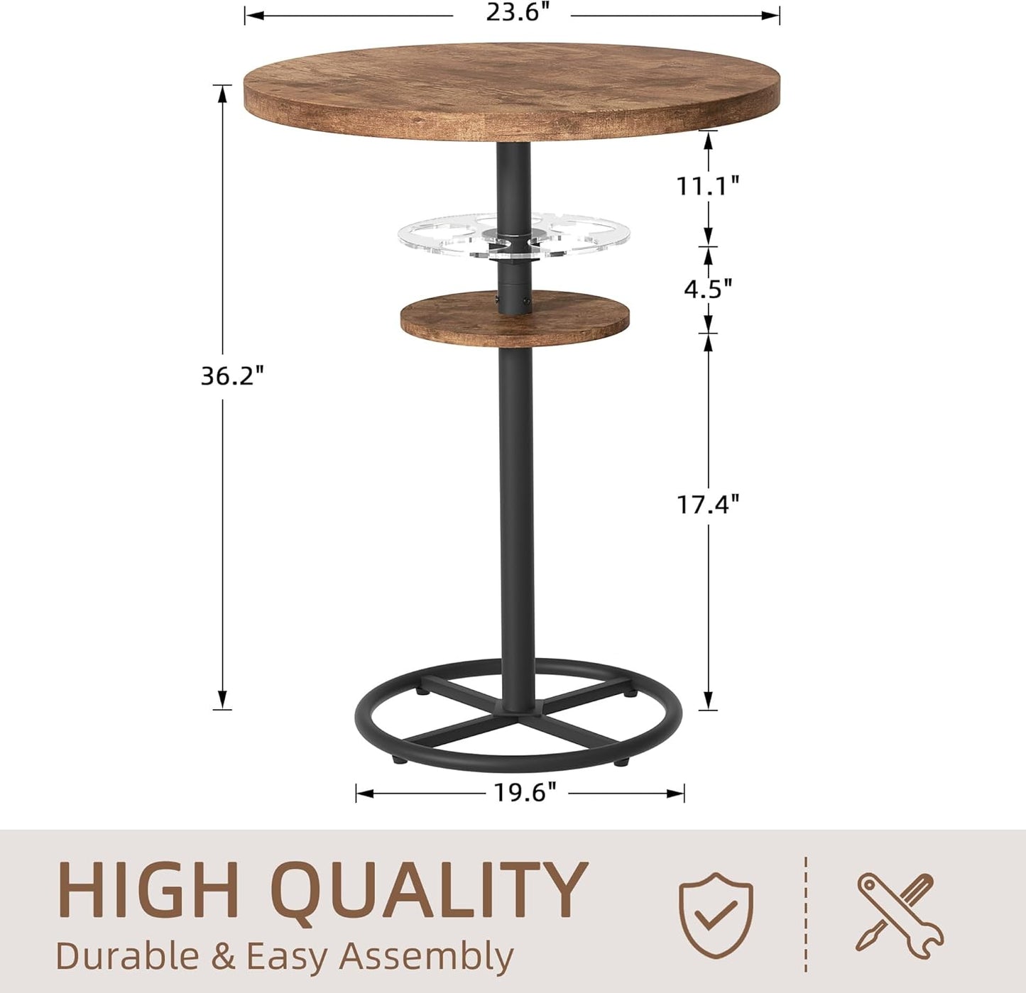 VECELO 36” High Top Bar Table, Sturdy Frame with Metal Base for Cocktail, Pub, Easy Assembly, Brown