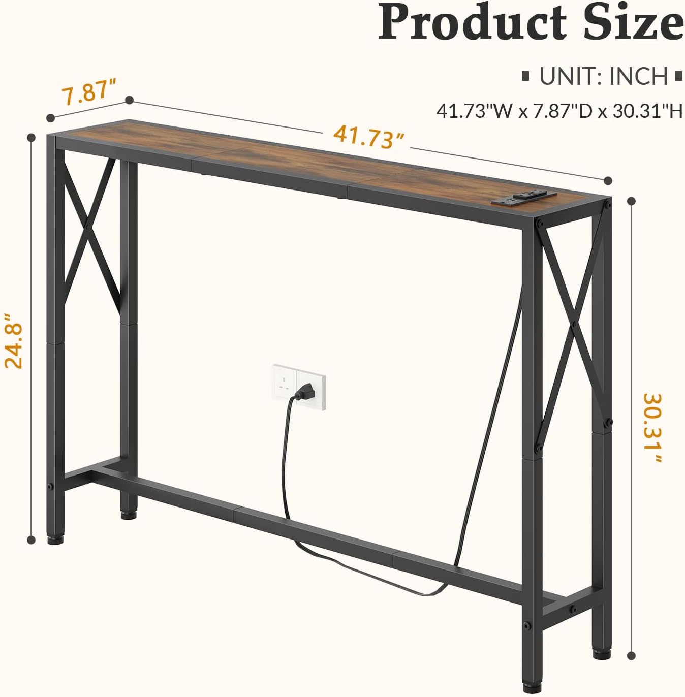41.8" Console Table, Narrow Behind The Couch Table with Outlet, Industrial Skinny Stand for Hallway, Entryway, Living Room, Bedroom, 6.5 Feet Power Cord,Rustic Brown