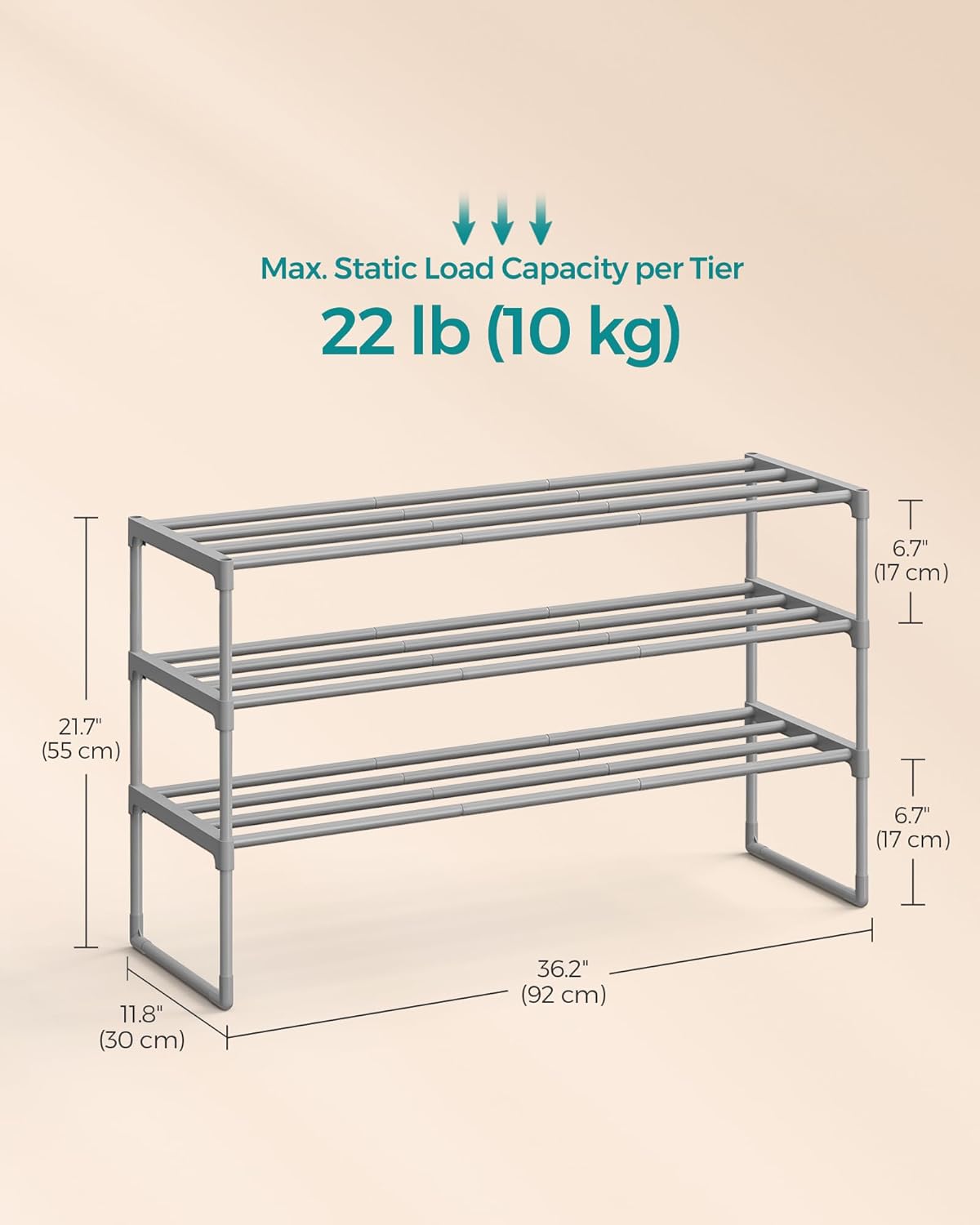 SONGMICS Shoe Rack, 3-Tier Shoe Organizer, Metal Storage Shelf, Upright or Upside Down, for 16-20 Pairs, Stackable, for Entryway, 11.8 x 36.2 x 21.7 Inches, Gray ULSA303G01