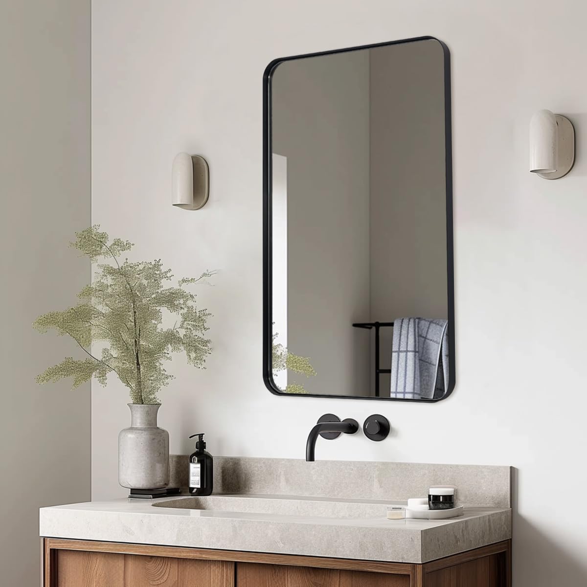 ANDY STAR Black Bathroom Mirror, 24”x40” Rounded Corner Rectangle Mirror, Modern Metal Frame Bathroom Vanity Mirror(Matte Black Finish)