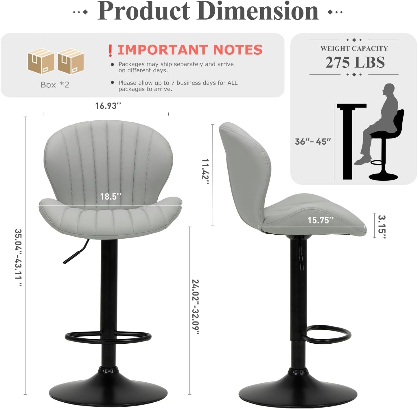 COLAMY Bar Stools Set of 4, Modern Swivel Bar Chairs, Adjustable Faux Leather Upholstered Barstools Counter Height with High Backrest for Bar, Kitchen Island, Dining Room, Grey