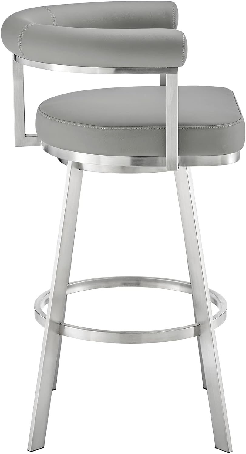 Armen Living Magnolia Swivel Counter Stool in Brushed Stainless Steel with Light Grey Faux Leather