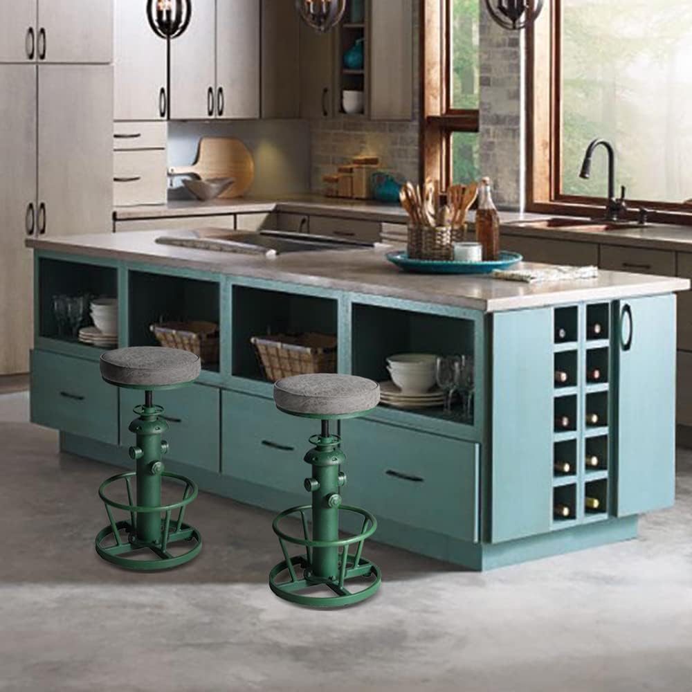 Topower Antique Industrial Round Bottom Adjustable Height Cafe Coffee Retro Vintage Stylish Water Pipe Design Pub Kitchen Bar Stool (Antique Green, PU Leather Top)