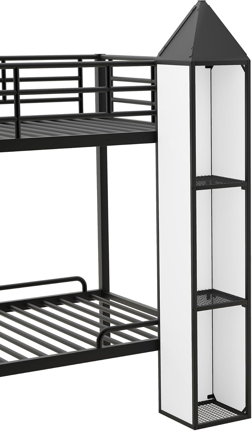 Twin Over Twin Castle-Shaped Bunk Bed with Wardrobe,Open Storage cabinets,a Storage Staircase and guardrails,Metal Stairway BunkBed for Kids Boys/Girls/Teens,Black+White