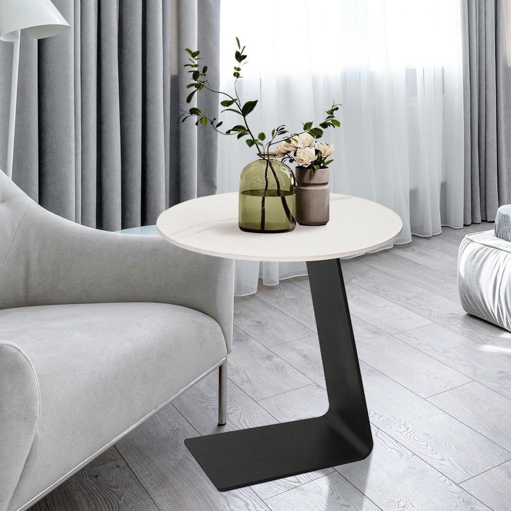 Side Table with Marble Top Metal Black C Shaped End Table Modern Sofa Side End Table Coffee Round Side Desk for Couch Living Room Bedroom