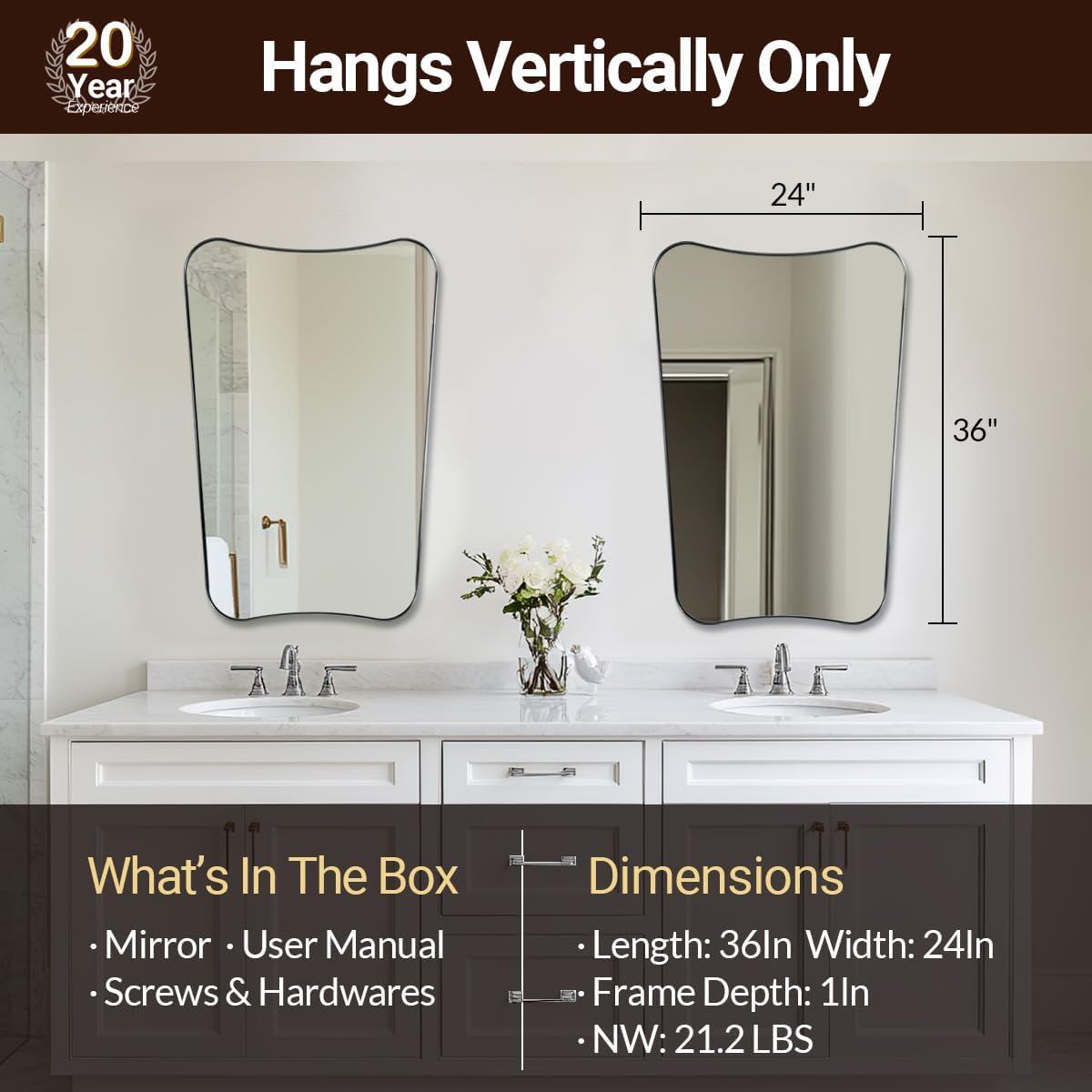 ANDY STAR Brushed Nickel Mirror, 24x36 Inch Scalloped Mirror, Unique Bathroom Mirror with Rust-Proof Stainless Steel Metal Frame, Ideal for Entryway, Powder Room