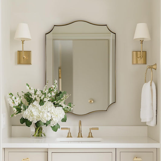 24x32 Gold Mirror, Brushed Gold Scalloped Mirror for Bathroom in Premium Stainless Steel Metal Thin Frame Deep 1", Antique Brass Irregular Wall Mirror Hangs Horizontal or Vertical