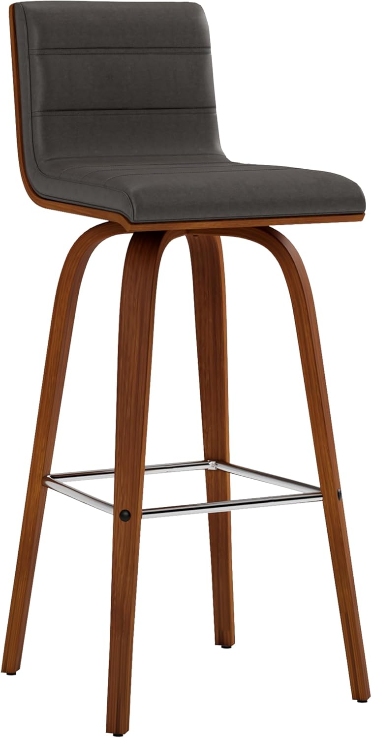 Armen Living Vienna Mid-Century Modern 30" Bar height Barstool Faux Leather Wood Finish, Grey/Walnut