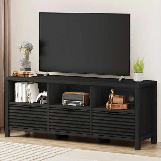 BON AUGURE Black TV Stand, Modern Entertainment Center with Storage Drawers for 65 55 50 in TVs, Wood Fluted Television Media Console Cabinet for Living Room, Bedroom (Black Oak)