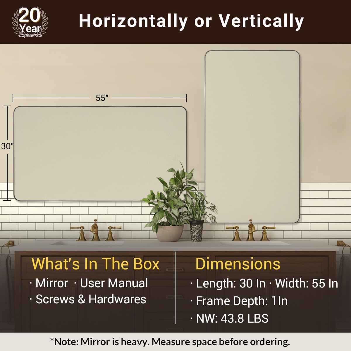 ANDY STAR Brushed Nickel Mirrors for Bathroom Sink, 30x55 Inch Bathroom Vanity Mirror with Rectangular Metal Frame-Modern Clean Design with Superior Stainless Steel Frame