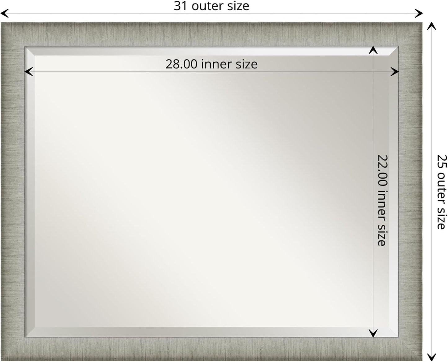 Amanti Art Silver Bathroom Mirror for Over Sink, 25x31 Elegant Brushed Pewter Narrow Rectangle Vanity Mirror, Large Casual Frame, Hangs Horizonally and Vertically, Bathroom Wall Decor, Beveled Edge