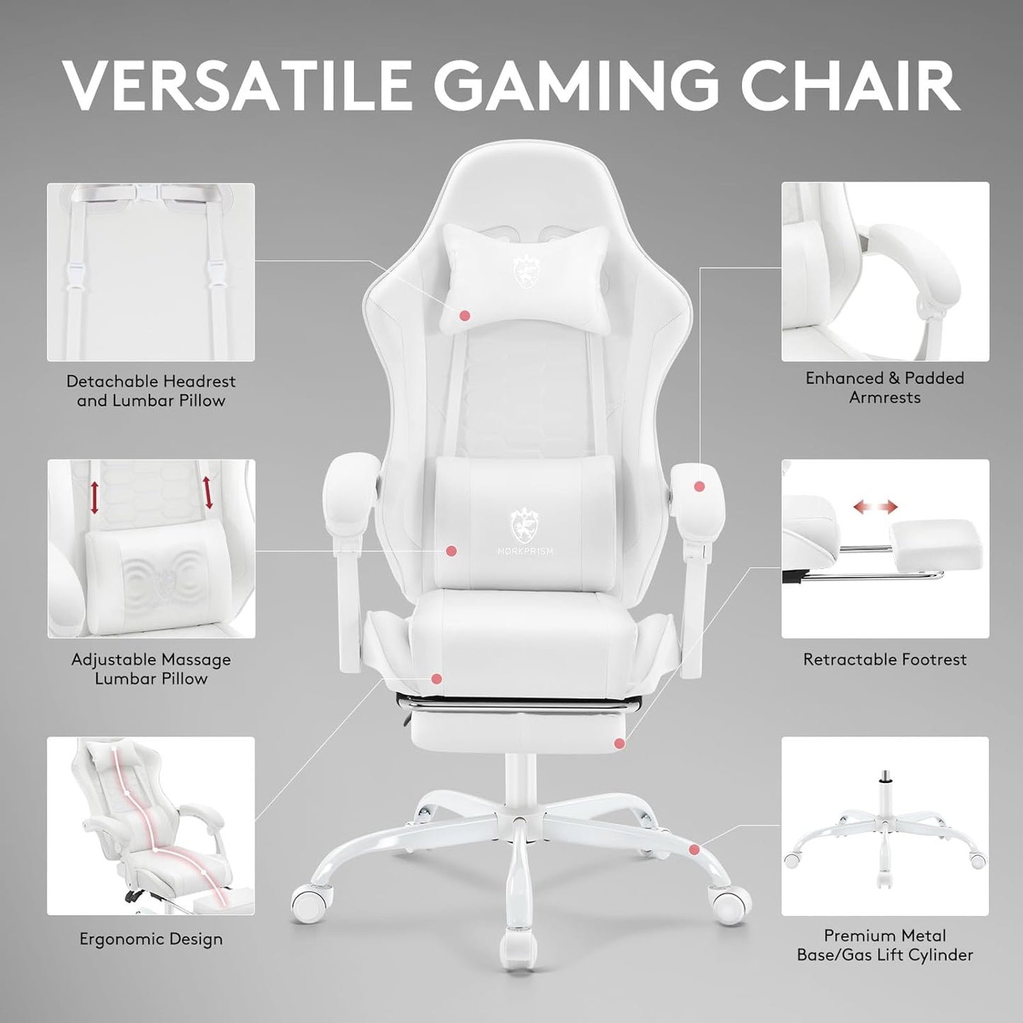 White Gaming Chair,Computer Office Chair with Footrest,Massage Lumbar Support and Gel Pad,Ergonomic Reclining Adjustable Leather Gamer Chair with Headrest and Spring Cushion White