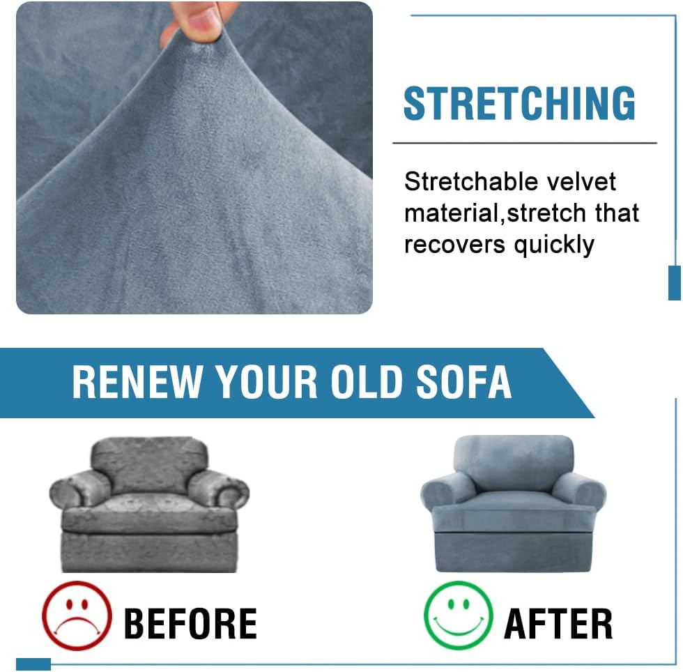 H.VERSAILTEX Sofa Cover 2 Piece T Cushion Armchair Slipcovers Thick Velvet Couch Cover Furniture Protector Stretch T Cushion Sofa Covers for 1 Cushion Couch with 1 T Cushion Covers, Stone Blue