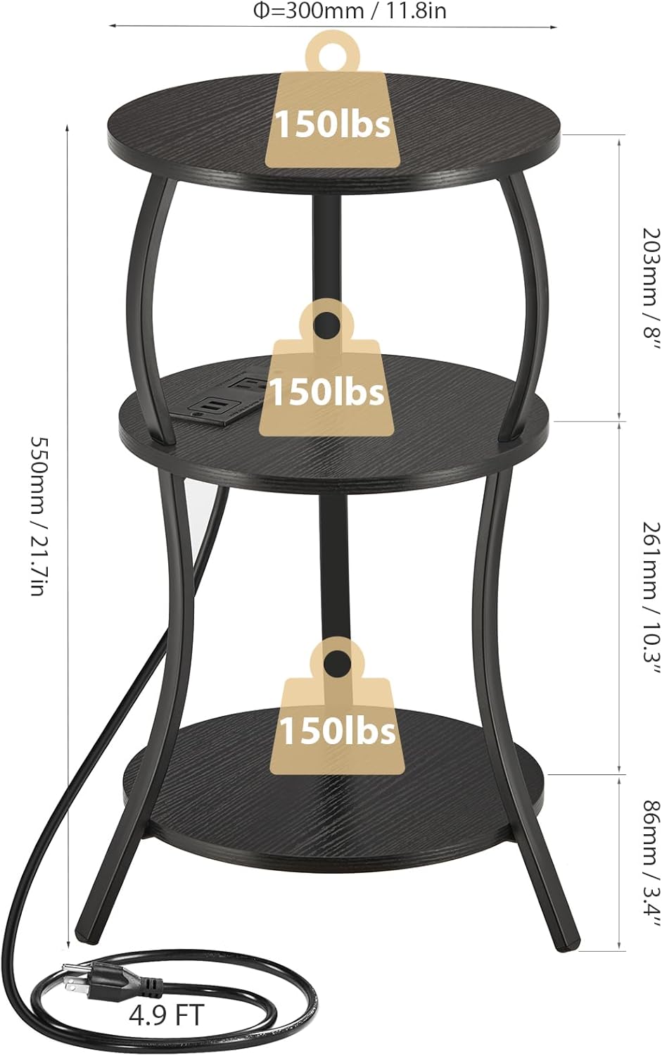 Small Round Side Table with Charging Station, 3-Tier Waist Circular End Table with Storage Shelf, Compact Tea Sofa Side Table Small Spaces, Round Corner Coffee Table for Living Room Bedroon,Black