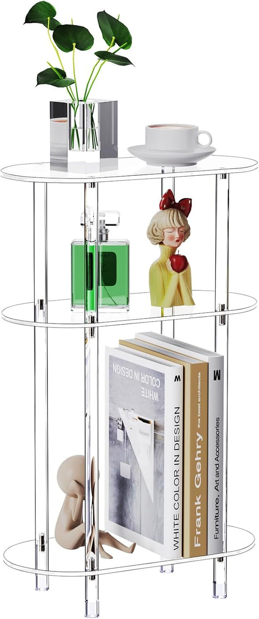 Clear Acrylic Narrow Side Table for Small Spaces, 15.75" L x 7.87" W x 24.6" H, 3 Tier Oval Slim End Table Nightstand, Small Minimalist Skinny Bedside Table for Bedroom, Bathroom, Living Room