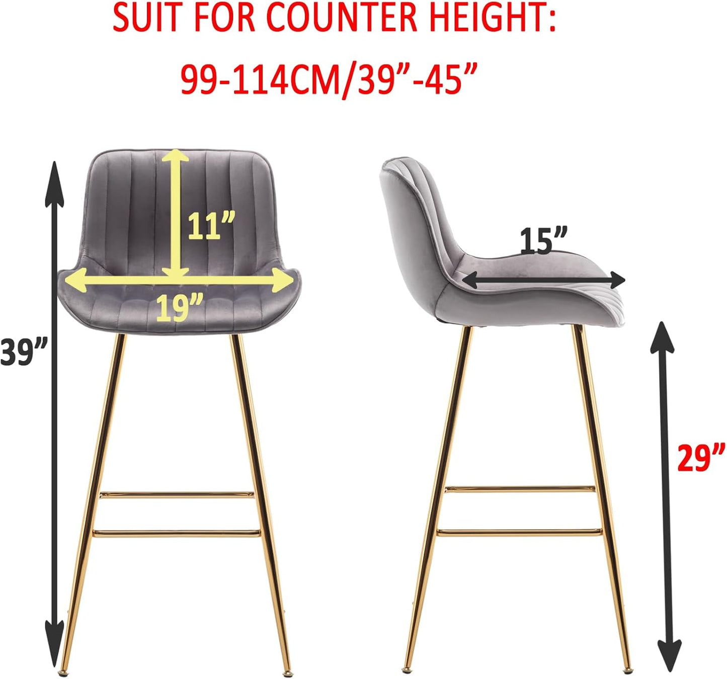 Sidanli Gold Bar Stools Set of 2, 29” Velvet Barstools, Kitchen Chairs for Counter Height with Back and Footrest, Gray