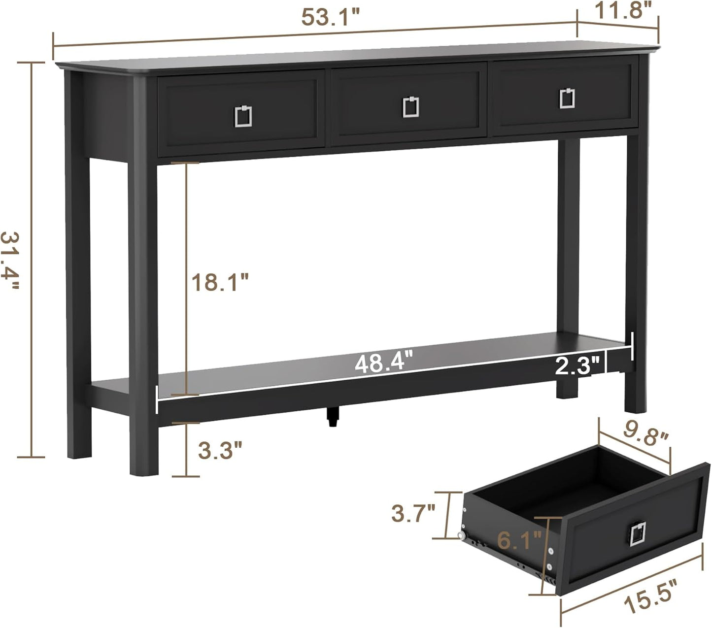 Treocho 53.1" Console Table with 3 Drawers, Modern Entryway Table, 2-Tier Narrow Long Sofa Table Behind Couch Table for Living Room, Hallway, Black