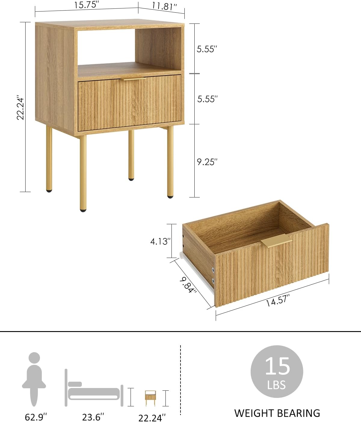 Nightstand,Morden Bedside Table with Gold Frame,Small White Night Stand,End Table,Bedside Furniture,Side Table with Drawer and Shelf for Bedroom,Living Room (1Drawer, Oak)
