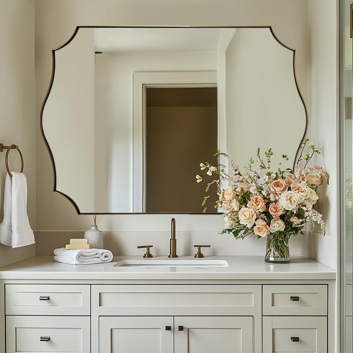 ANDY STAR 30x48 Inch Gold Bathroom Mirror, Large Brushed Gold Rectangle Mirror, Antique Brass Mirror in Rust-Proof Stainless Steel 1" Frame, Unique Wavy Frame Design, Vertically/Horizontally