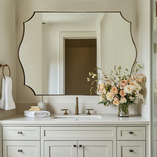 ANDY STAR 30x48 Inch Gold Bathroom Mirror, Large Brushed Gold Rectangle Mirror, Antique Brass Mirror in Rust-Proof Stainless Steel 1" Frame, Unique Wavy Frame Design, Vertically/Horizontally