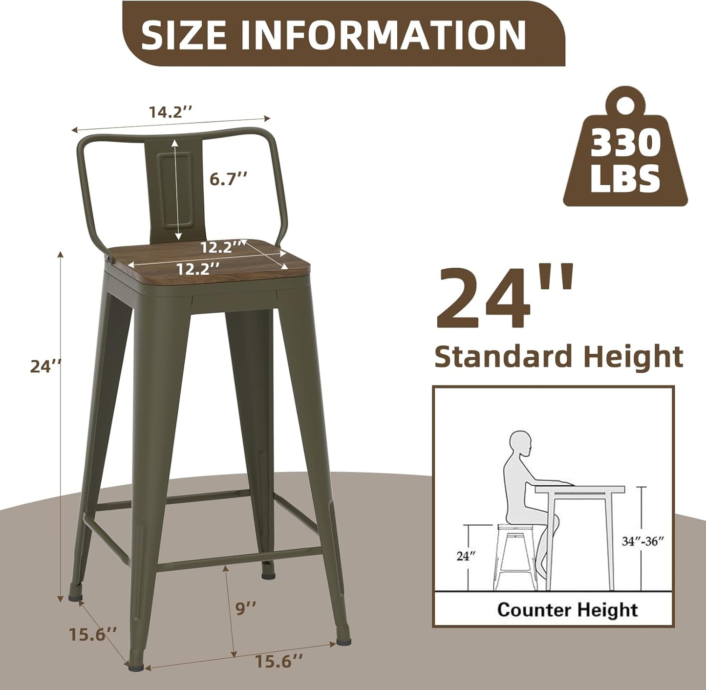 24 Inch Swivel Bar Stools Set of 4, Counter Height Bar Stools with Low Back, Metal Industrial Bar Chairs for Kitchen Island (Rusty)