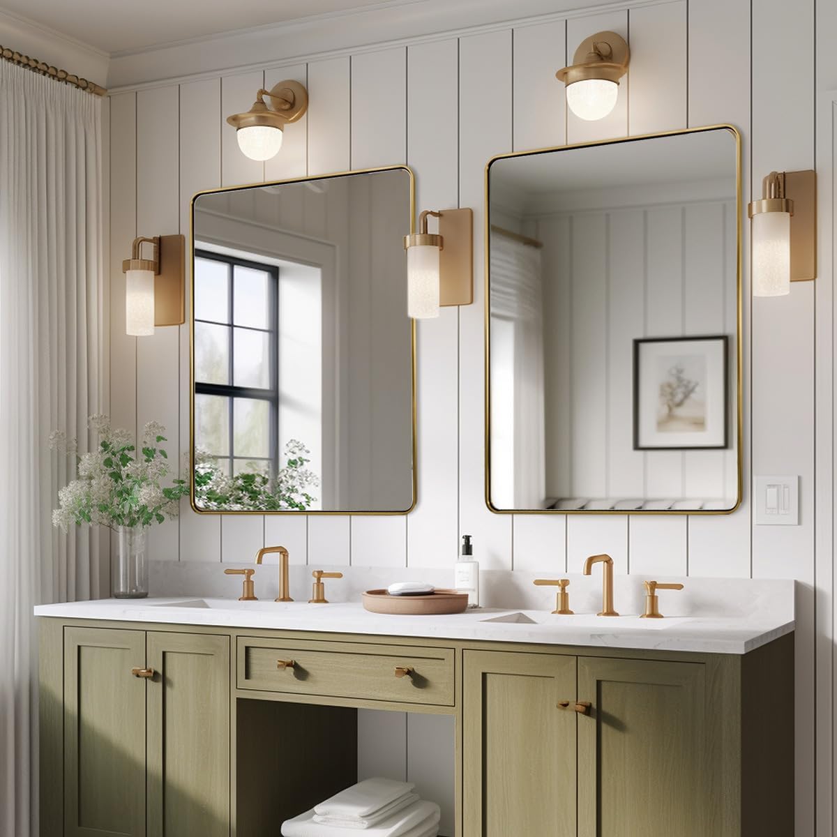 ANDY STAR 48x36 Inch Gold Bathroom Mirror, Brushed Gold Mirrors for Wall in Anti-Rust SUS304 Tube Metal Frame, Rounded Rectangle Mirrors 1’’ Deep Wall Mounted Vertically/Horizontal for Bathroom