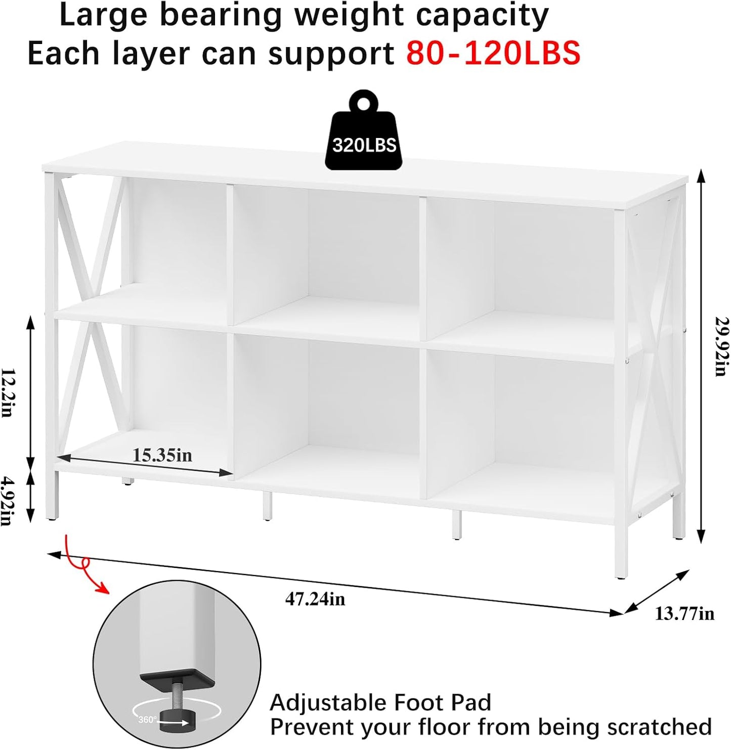 Horizontal Bookshelf Bookcase,6 Cube Storage Organizer with Open Shelf,47 Inch Industrial Low Wide Wood and Metal Cubby Shelf,Long Shelving Unit for Home Office Living Room(White,6 Cube)