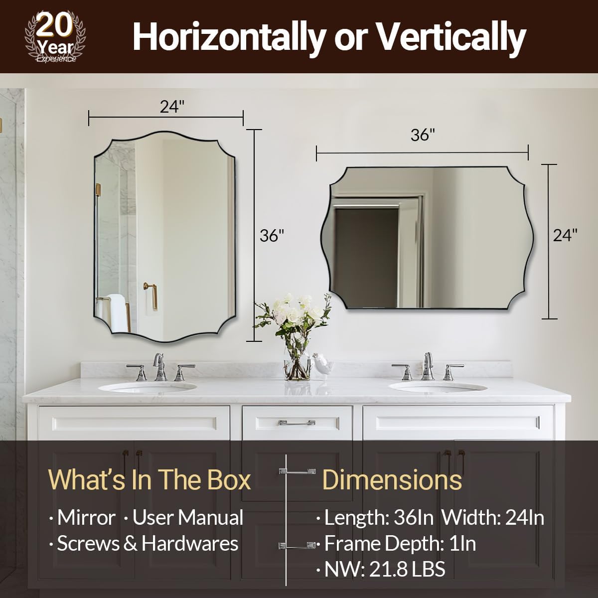 ANDY STAR Brushed Nickel Bathroom Mirror, 24x36’’ Silver Wavy Wall Mirror, Modern Bathroom Vanity Mirror HD Reflection, Anti-Rust Metal Frame Mirror for Bathroom Hangs Vertical or Horizontal