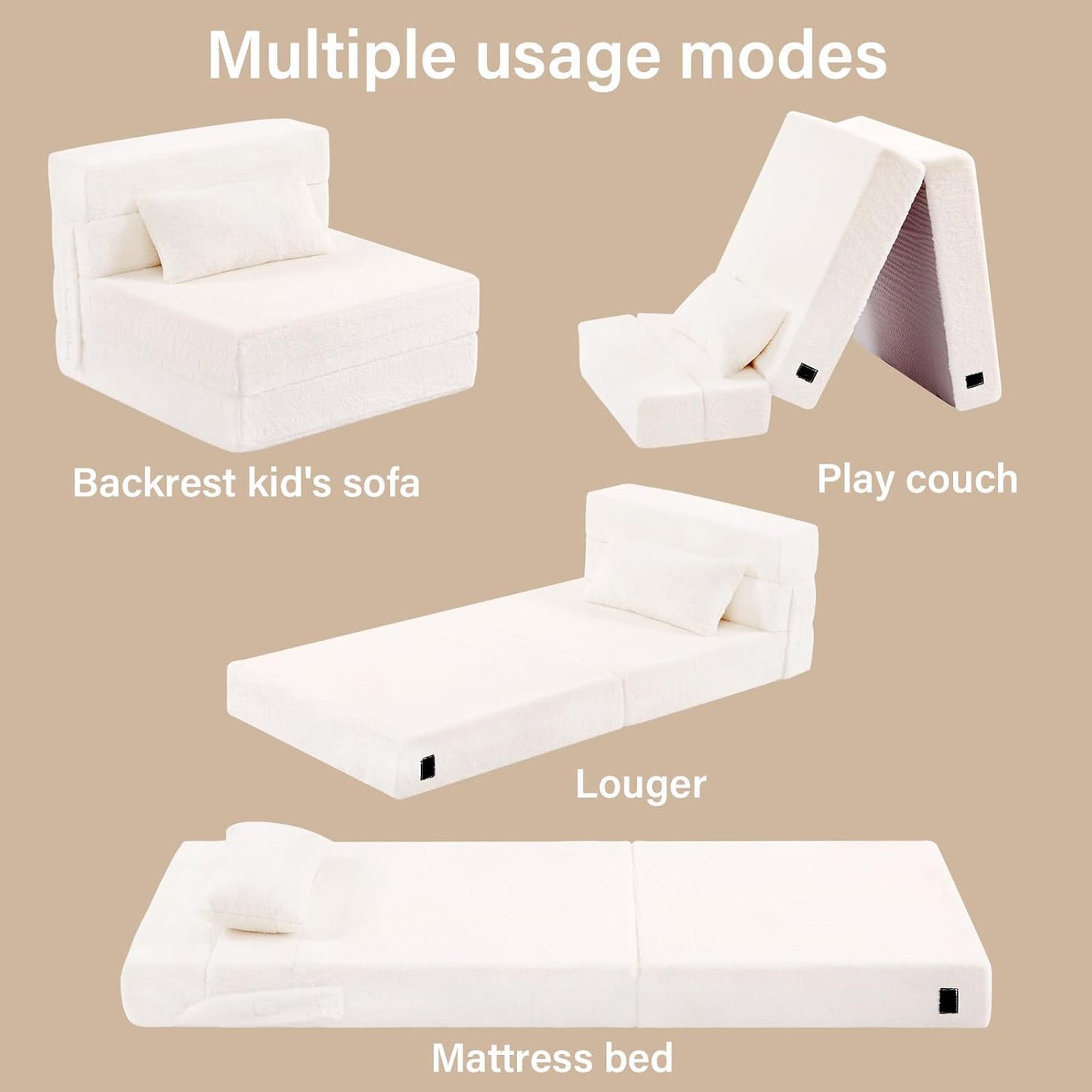 Folding Sofa Bed Beige Floor Mattress for Kids with Pillow, Toddler Washable Folded Floor Nap Mat Futon, Child Fold Up Sofa Folding Chair Bed with Storage Bag for Girls and Boys