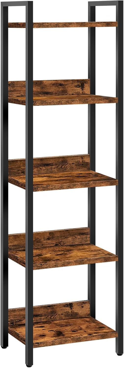 Bookshelf, 5-Tier Bookcase, Standing Book Shelf for Small Space, Storage Shelf Organizer, for Living Room, Bedroom, Study, Balcony, Rustic Brown and Black BKHR5501
