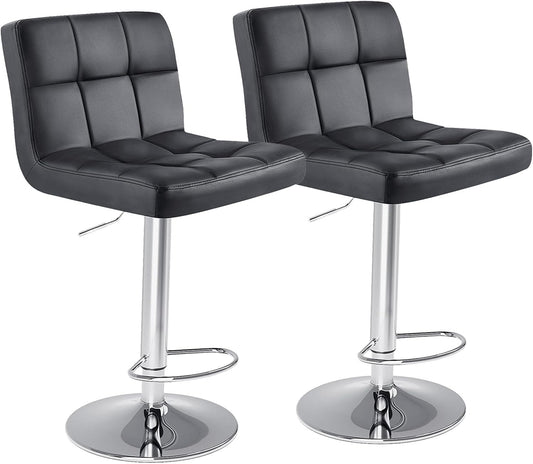 Sweetcrispy Bar Stools Set of 2, Armless PU Leather Adjustable Swivel Barstools, Hydraulic Kitchen Counter Height Thickened Seat Cushion Square Island Countertop Chairs with Back, Light Black