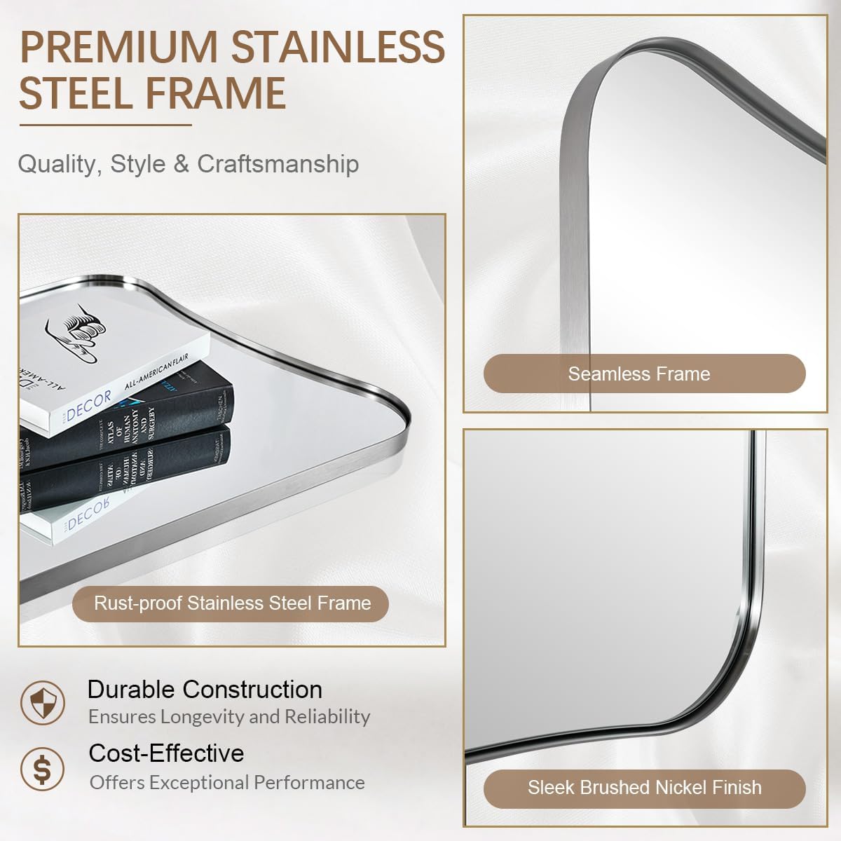 ANDY STAR Brushed Nickel Mirror 24x40 Inch, Silver Irregular Bathroom Mirror, Large Decorative Mirror in Anti-Rust Stainless Steel Metal Frame Deep 1’’, Ideal for Home Decor