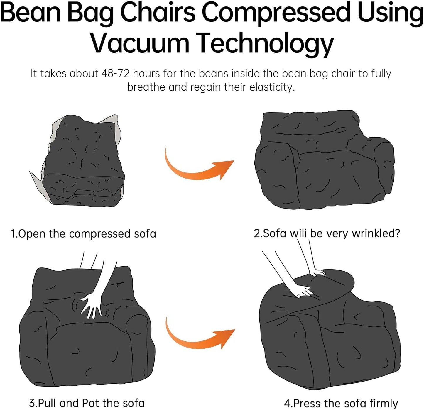 Bean Bag Chair with Filler, Bean Bag Sofa with Tufted Soft Stuffed Filling, Fluffy and Lazy Sofa, Comfy Cozy BeanBag Chairs with Memory Foam for Dorm, Apartment, Living Room (Black)